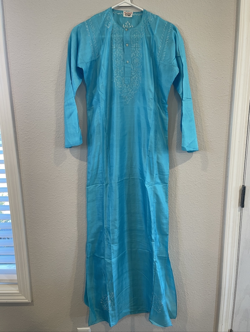 Made‎ In India Turquoise 100% Silk Embroidered Long Sleeve Henley Night Gown OS